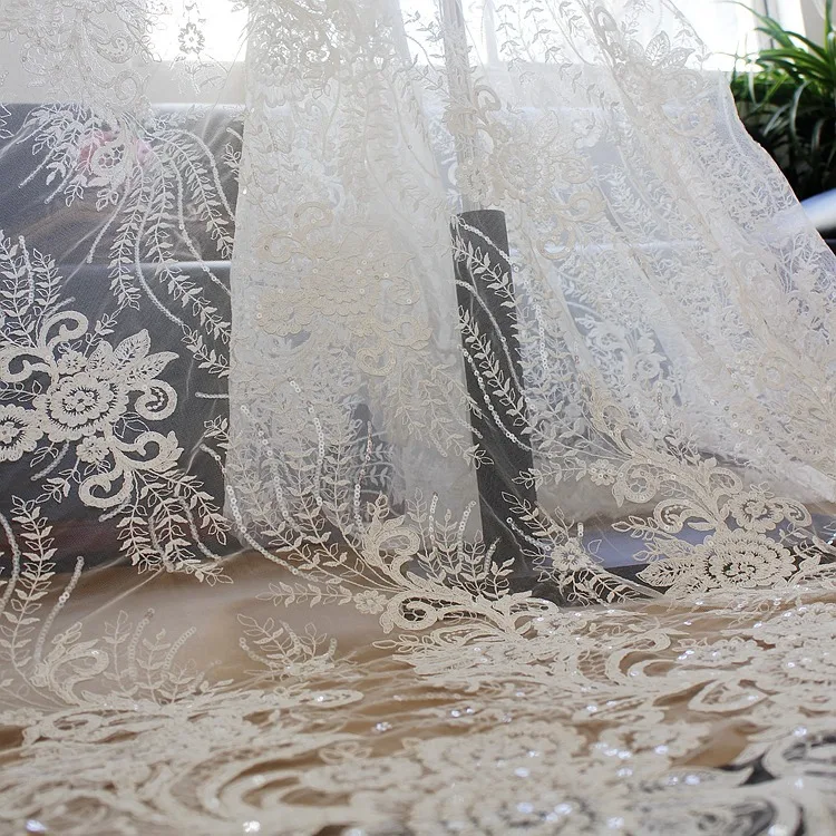 Sequined Elegant Embroidery Mesh Lace Fabric for DIY Sewing Evening Wedding Dress Veil Curtain 130CM Wide 1Yard Long L143