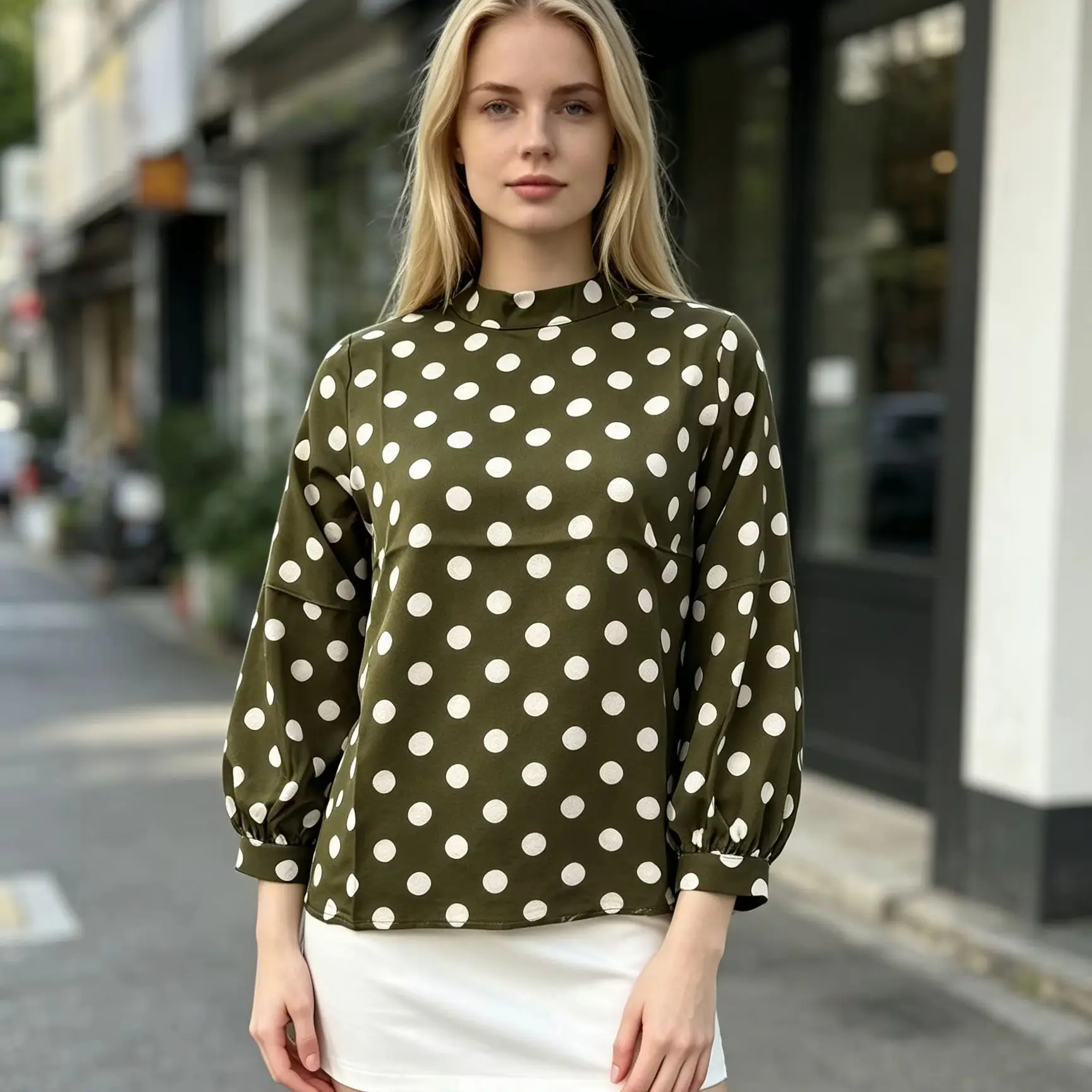 2026 Spring Autumn Fashion Stand Collar Ladies Polka Dot Chiffon Blouse Puff Long Sleeve Loose Daily Women Shirt Tops