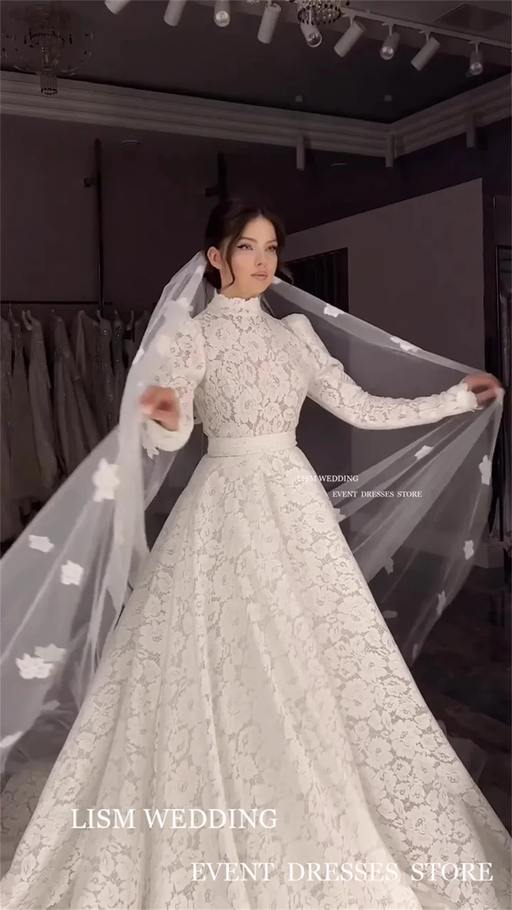 LISM-Vestidos de Novia de encaje Vintage, vestidos de novia de manga larga con cuello alto, línea A, largo hasta el suelo, hechos a medida, 2024