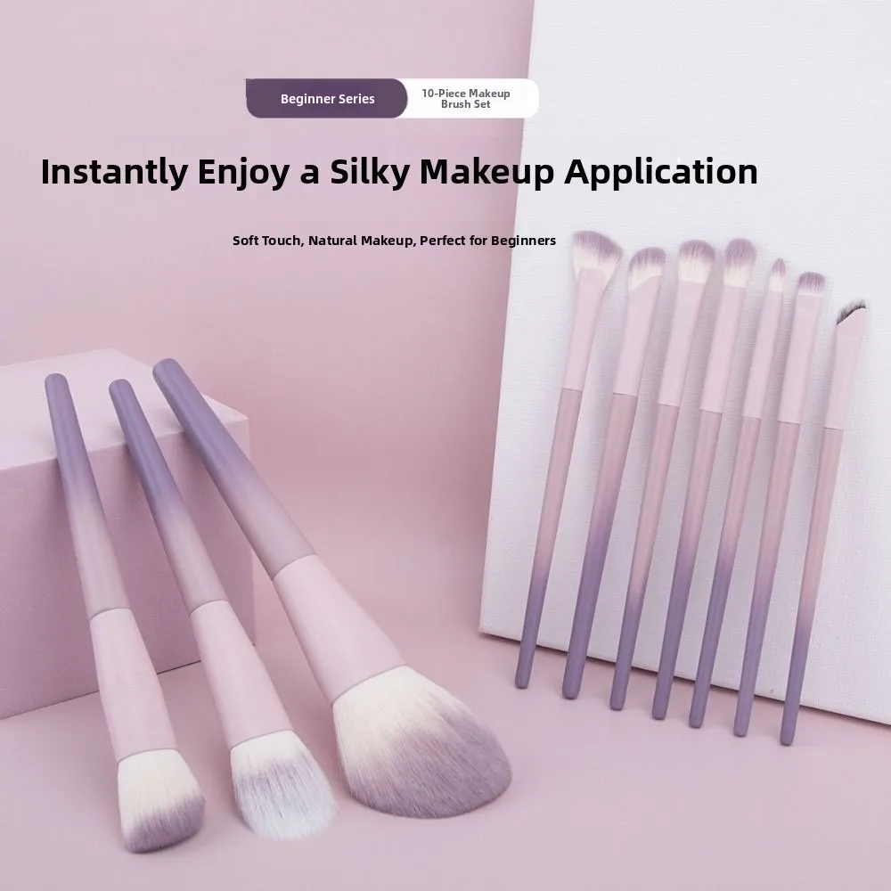 10Pcs Durable Super Soft Makeup Brush Set Synthetic Hair Easy to Clean Blush Brush Edge Eyeliner Brush Novice Beginners