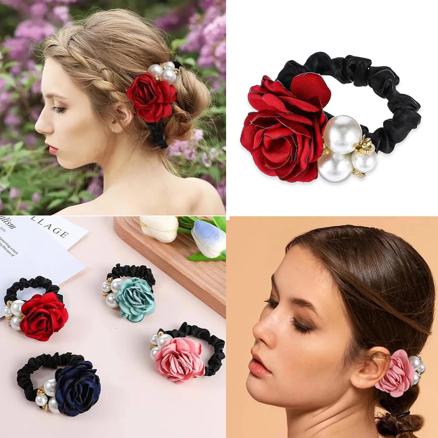 Fashion Big Imitate Pearl Rose Flower Hair Band for Women Girl Rhinestone Rope Ladies Rubber Ring Elastic Scrunchies Headwear