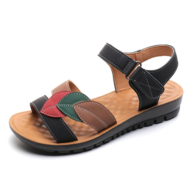 Women Sandals 2024 Fashion Genuine Leather Wedges Shoes For Women Summer Flat Non-slip Soft Bottom Elderly Beach Casual Shoes