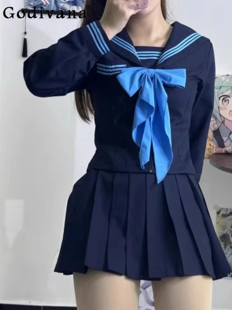 

Весенне-осенняя японская рубашка с длинными рукавами и милым темно-синим воротником для милых девушек, голубая модная универсальная возрастная короткая юбка Jk
