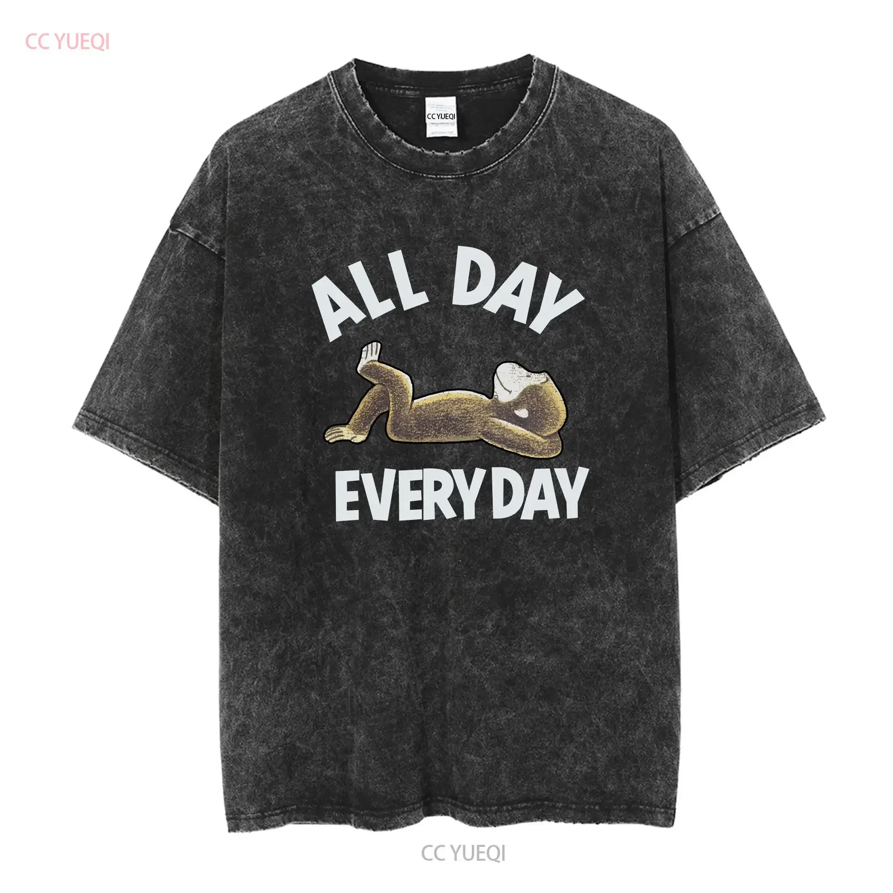 Curious George All Day Every T Shirt Lazy Cartoon Monkey Chimp 2XL Gray long sleeves vintage Washed graphic Versatile fashion