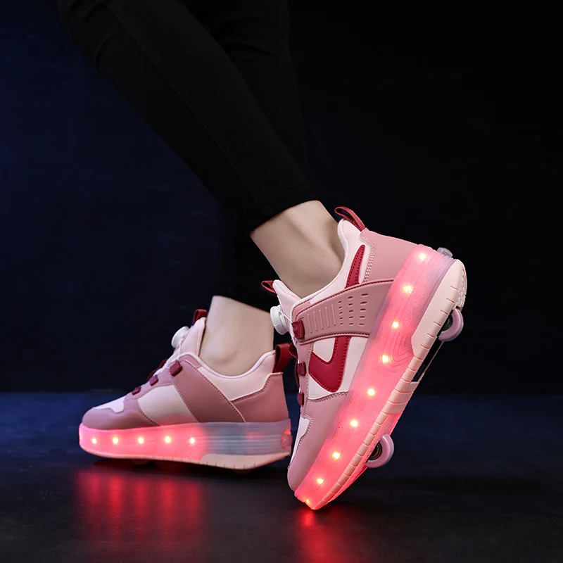 Dziecięce trampki LED USB do ładowania świecące buty sportowe na świeżym powietrzu wrotki dzieci dwa koła chłopcy dziewczęta buty w stylu casual