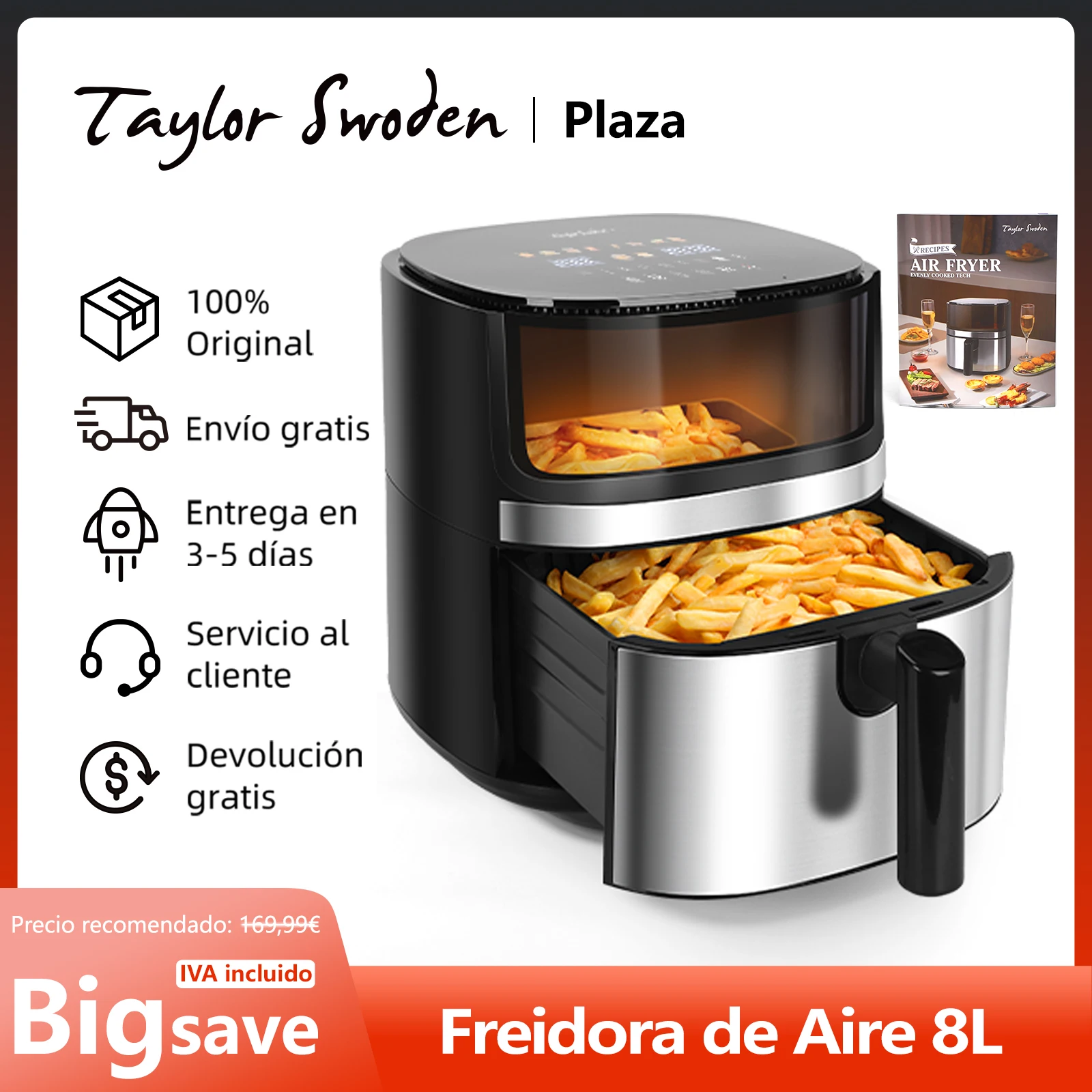Freidora de Aire de 8 L, Pantalla LED Táctil, 10 Funciones, Doble Calentamiento, Ventana Visual, Libro de Recetas, 2000 W