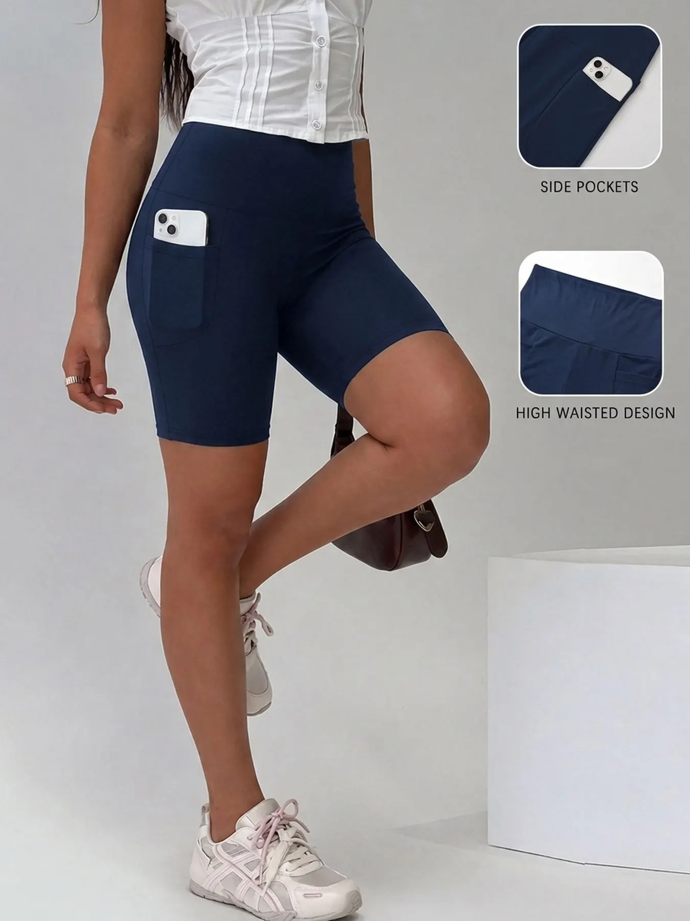 Damen Biker-Shorts mit Taschen, hoher Bund, superweich, blickdicht, Bauchkontrolle, für Laufen und Yoga – Detail 12
