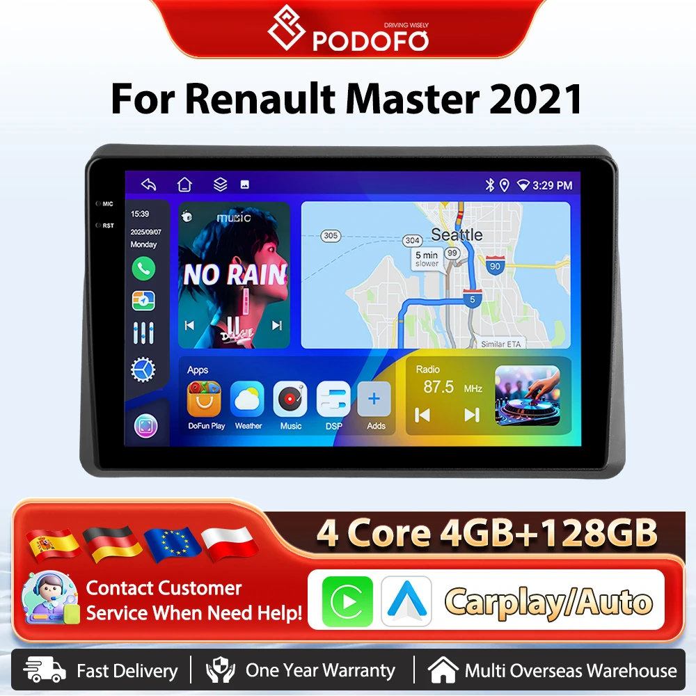 Podofo 10'' Auto-Multimedia-Player für Renault Master 2021 Android CarPlay GPS Autoradio WIFI FM/RDS KI-Sprachsteuerung Auto-Stereoanlage DSP EQ