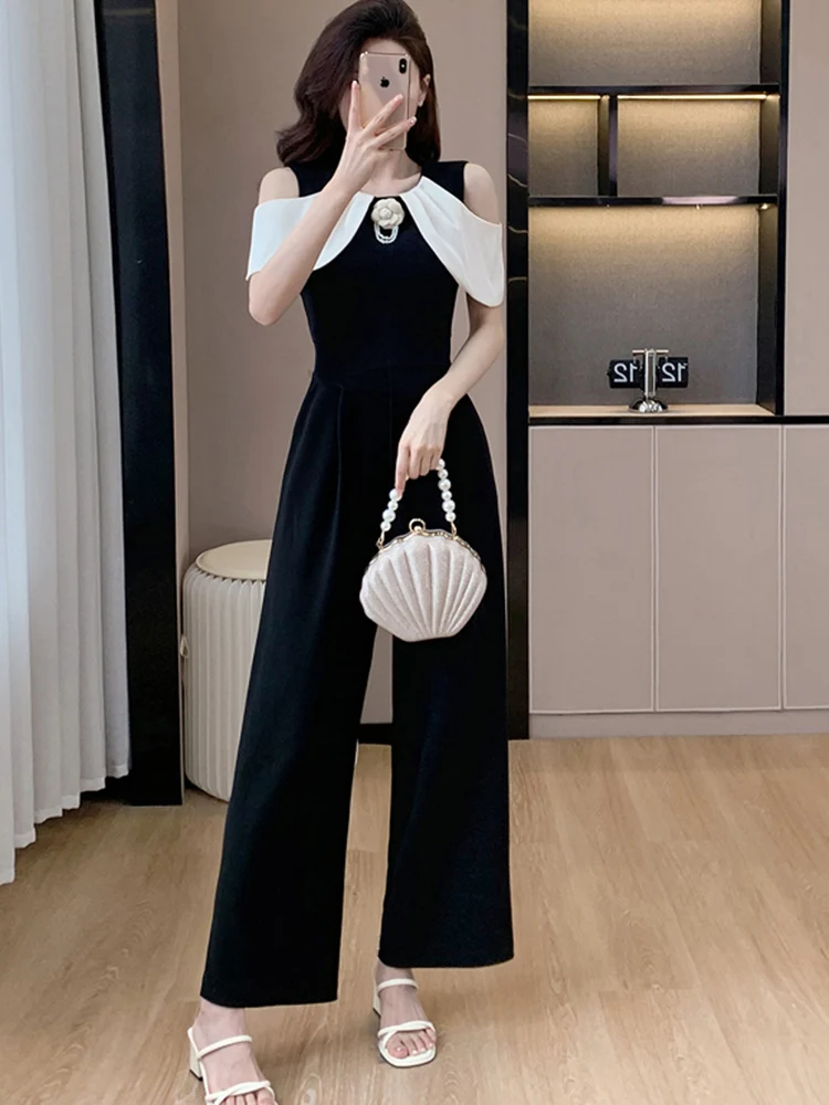 Korean Fashion Sexy Off Shoulder Slim Jumpsuit For Women Office OL Elegant Hit Color Patchwork High Waist Wide Leg Rompers 2024