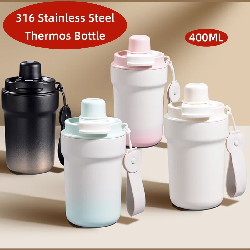 

400 мл бутылка-термос из нержавеющей стали 316, подходит для женщин, термосы, чашка с соломой, портативная портативная вакуумная изоляционная чашка