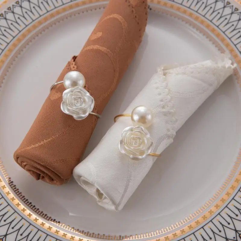 Valentine's Day Wedding Pearl Napkin Ring Rose Flower Creative Round Pearl Napkin Ring Wedding Table Decoration