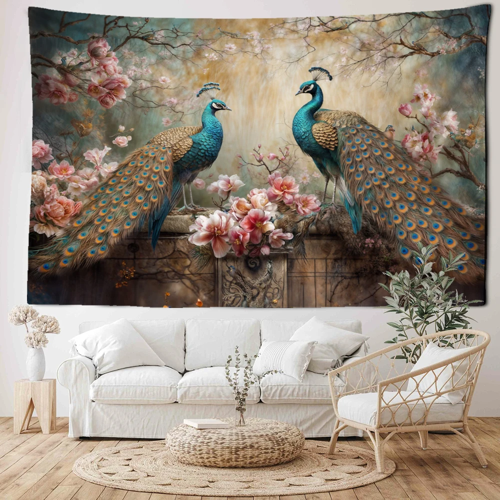 Vintage Flowers Peacock Tapestry Wall Hanging Bohemian Minimally Mysterious Art Oil Painting Living Room Bedroom Home Decor