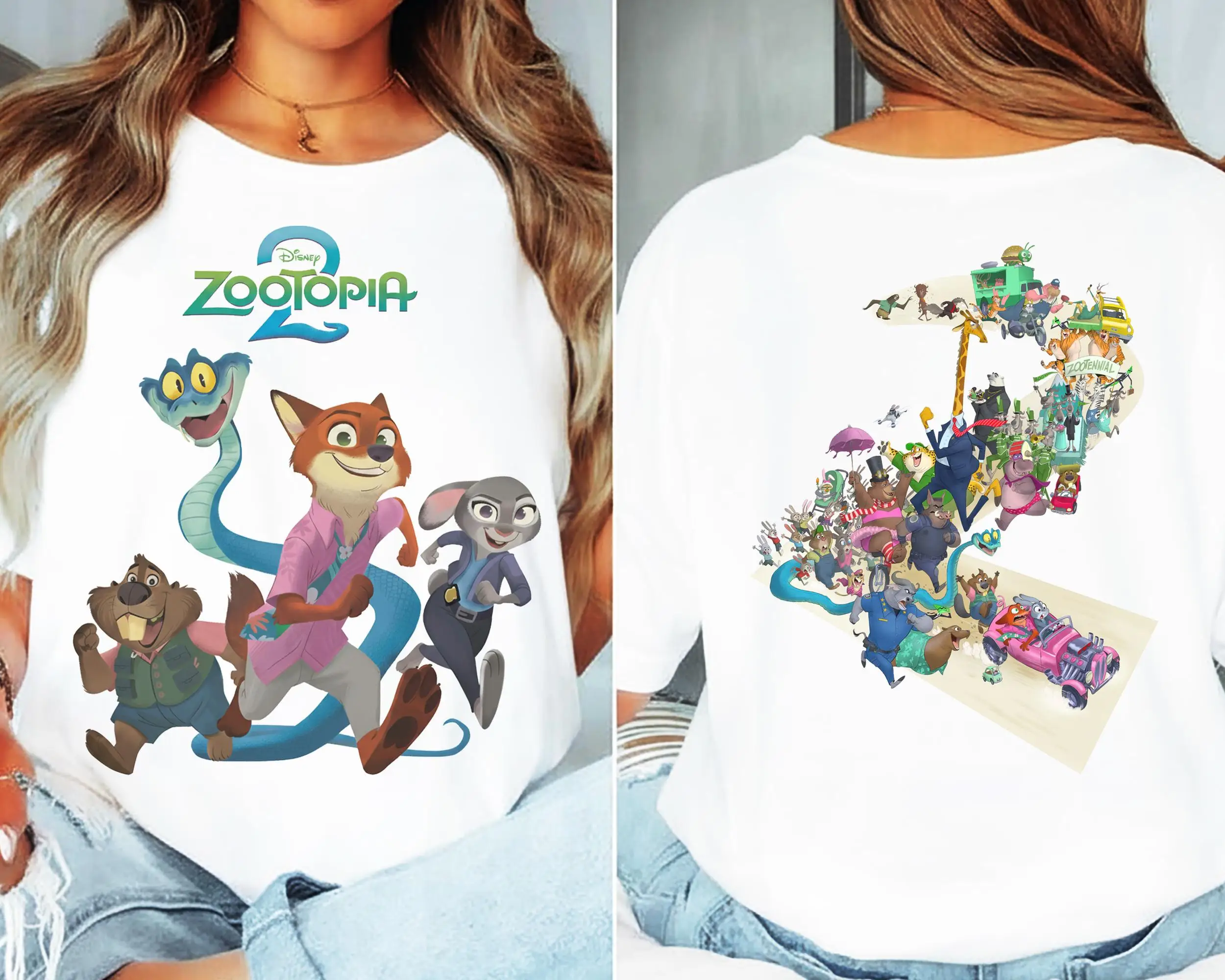 

2-Side Disney Zootopia 2 Movie Shirt Judy Hopps Nick Wilde Gary De'Snake Tee Nibbles Maplestick Zootropolis