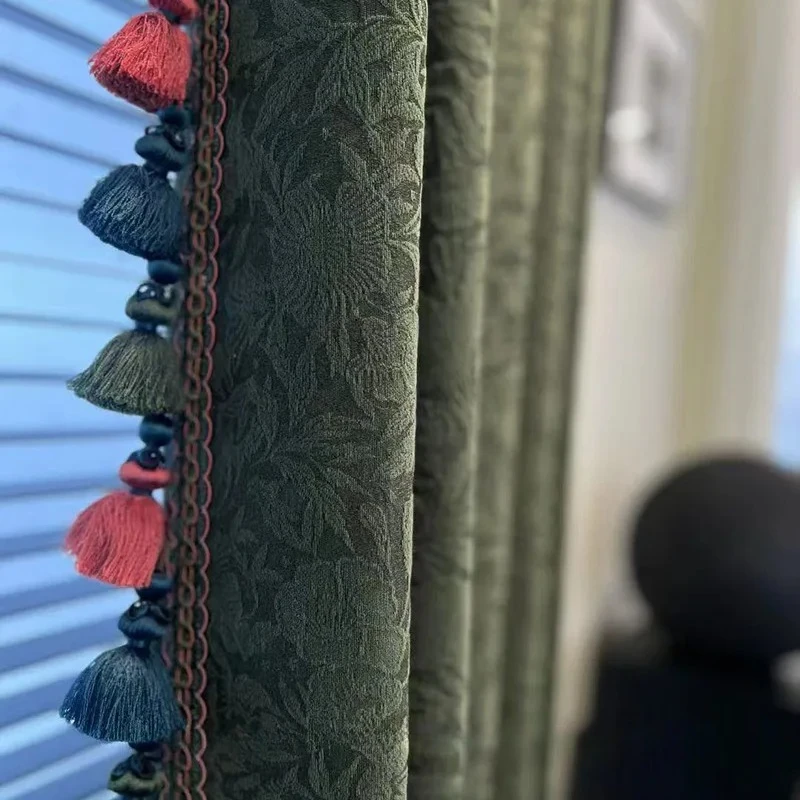 New Retro Toffee Caramel Jacquard Chenille Curtains for Living Room Bedroom French Window Balcony Customized Products