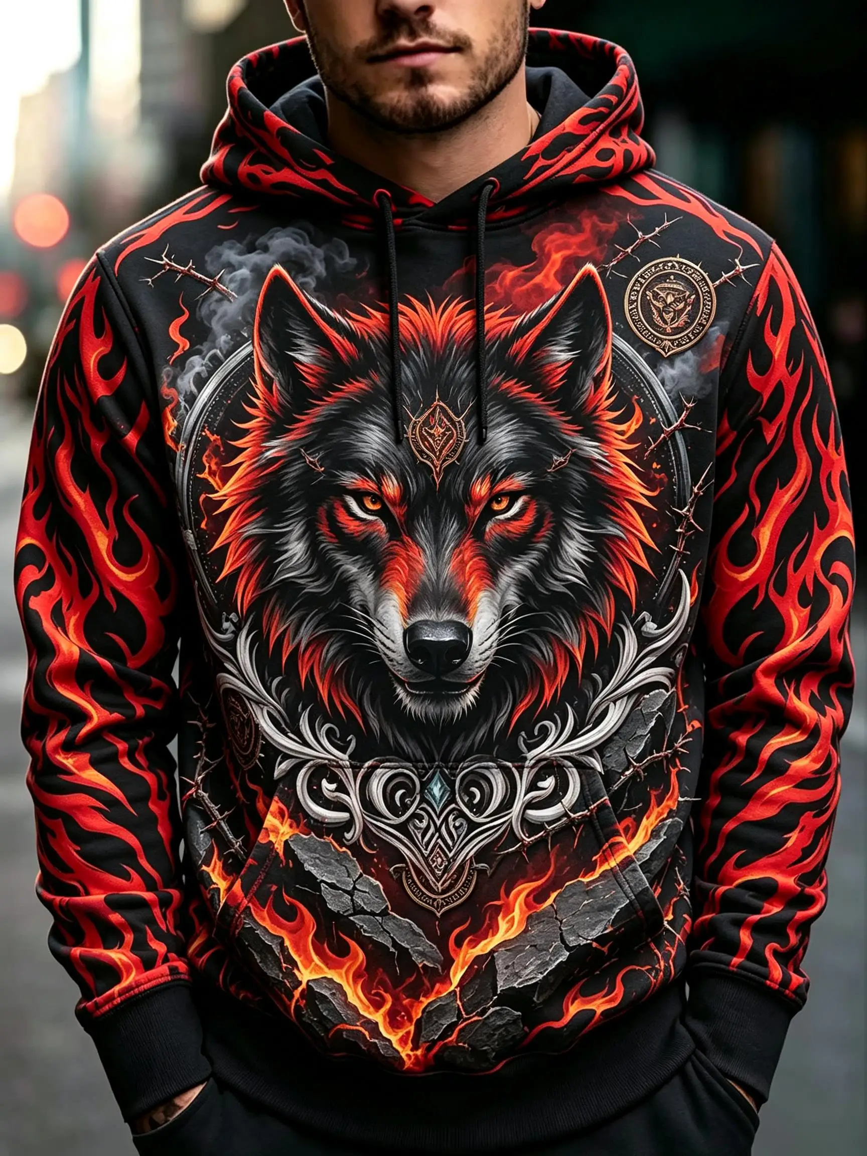 2026 Men's Hoodie Thin Autumn Winter Blue Flame Ice Tiger Print Long Sleeve Male Casual Streetwear Sweatshirt Tops Clothes