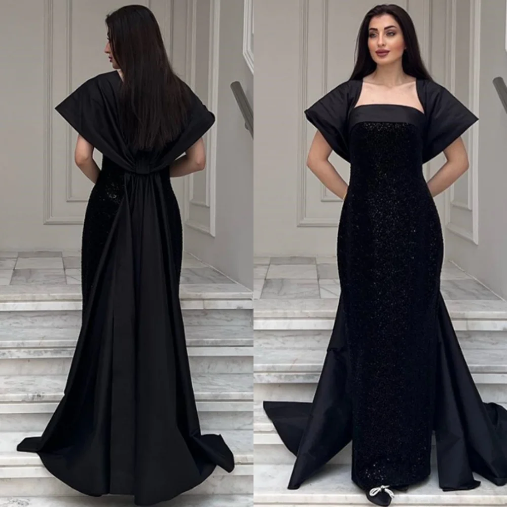 

Customized Temperament Black Satin Evening Dress High Quality Strapless Homecoming Dresses Soft Court Train Vestido De Festa