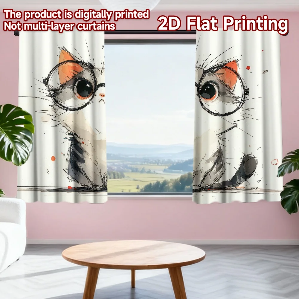 

2D flat printing 2pcs Window Curtains Happy Tabby Cat Sketch Digital Printed Polyester Drapes Holiday Decorations Use for