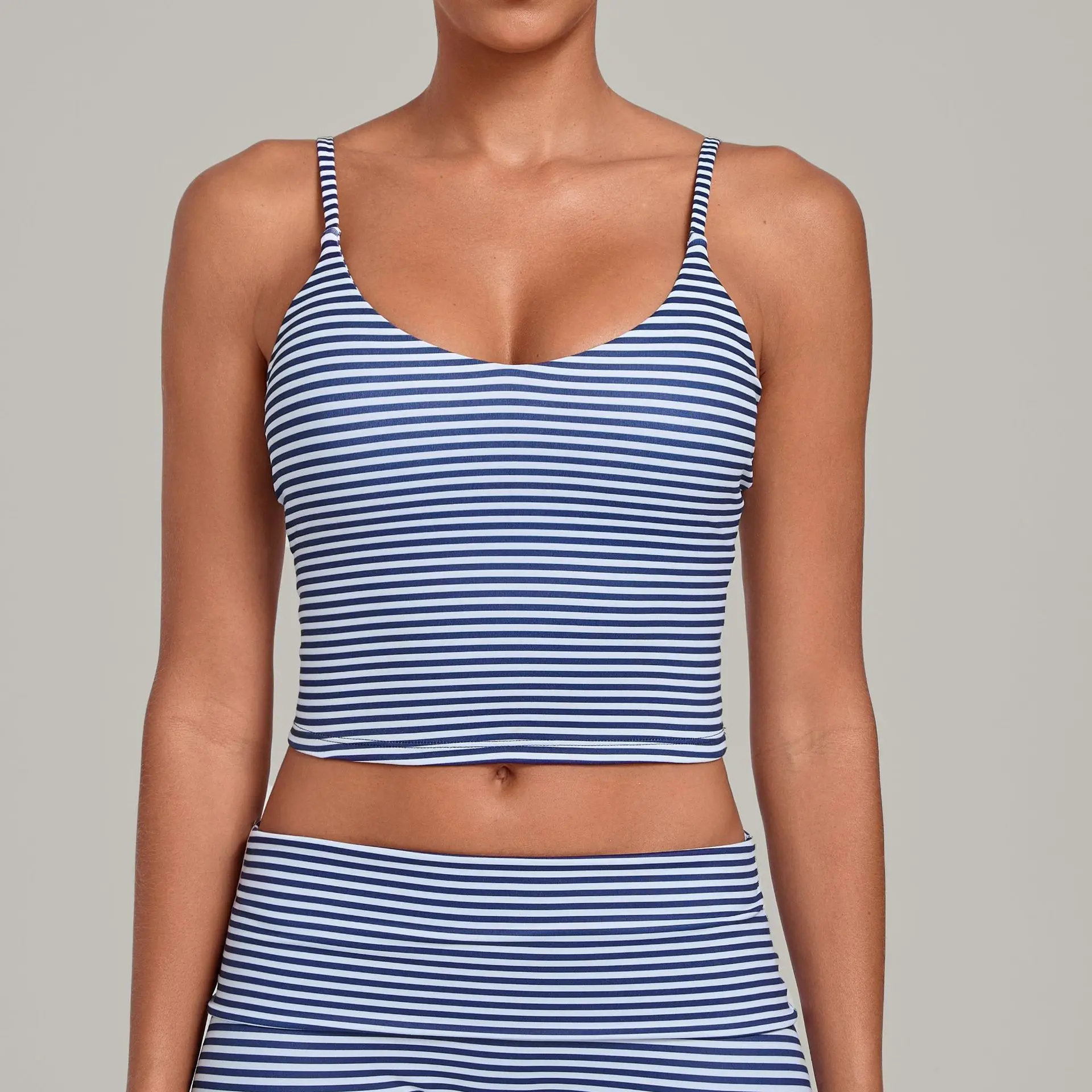 Striped Printed Yoga Sling Vest Skinny Top Gym Workout Pilates Fitness Sports Yoga Top with Removable Chest Pad for Women