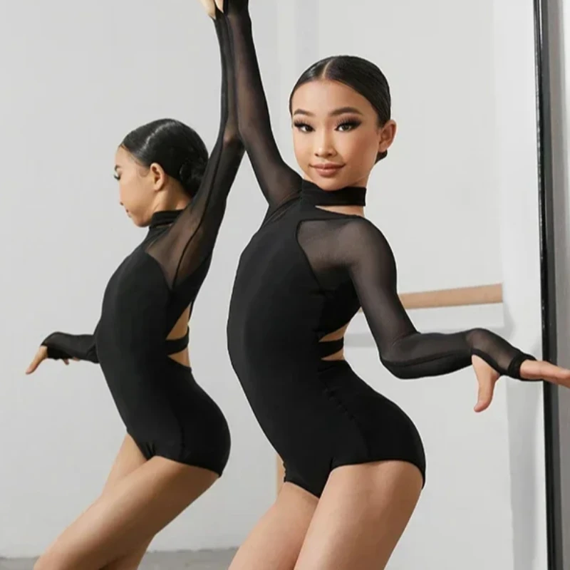 Child Latin Dance Bodysuit Clothing Jumpsuit for Girls Long Sleeves Leotard Tops Ballroom Samba Cha Cha Dance Performance Wear