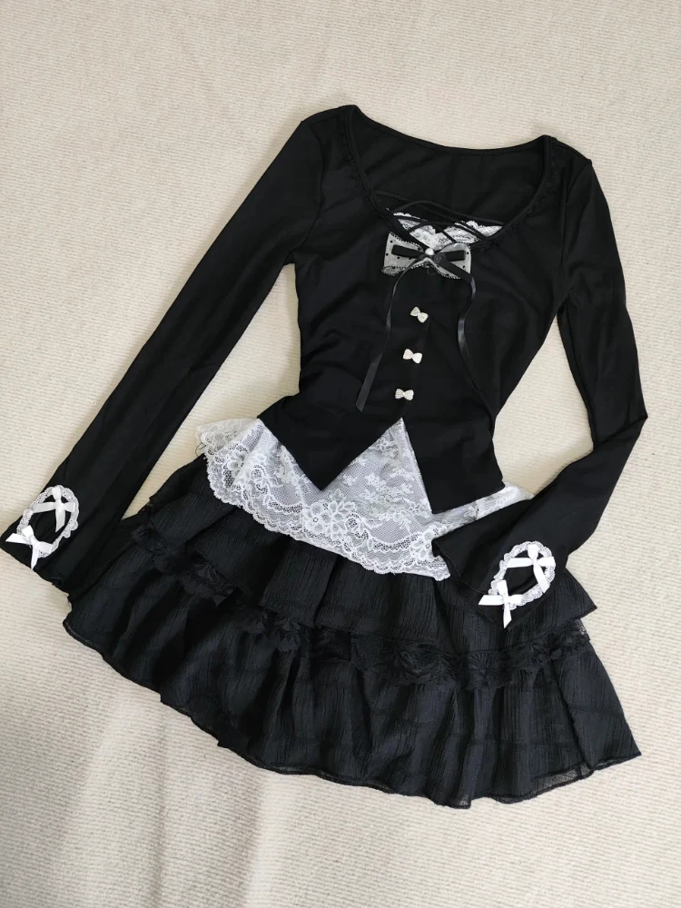 Neue Herbst Vintage Mode Langarm 2-teiliges Set Frau Sexy Bogen Spitze Y2k Tops + Mini Rock Harajuku Dünne koreanische Beliebte Kleidung