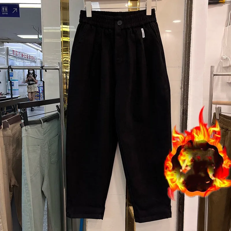 Women's Solid Autumn Winter Button Elastic High Waisted Pocket Casual Loose Workwear Harlan Trousers Office Lady Vintage Pants