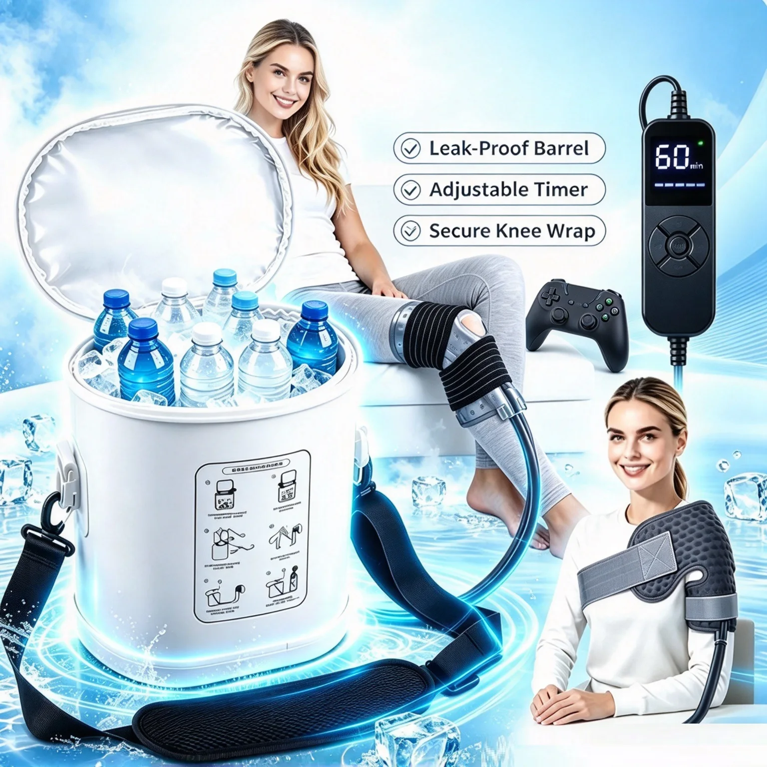 Portable Ice Compress Equipment with Cooling Wrap, Cold Quiet Adjustable Timer, Home Sports Outdoor Use, 15 Quart Bucket Spor