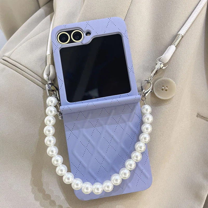 Crossbody Long Strap Pearl Bracelet Hand Chain Hinge Diamond Pattern Leather Case Cover For Samsung Galaxy Z Flip 6 5 4 3 5G