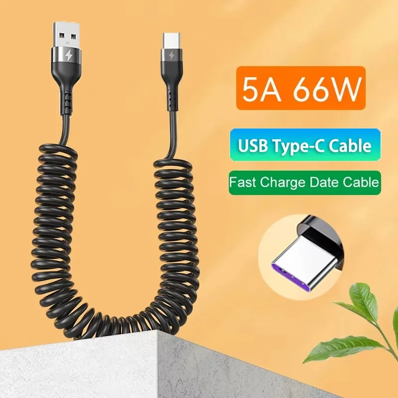 66W 5A Fast Charging USB Type C Cable Spring Car USB Phone Charger Cable Portable USB Data Cable For iPhone Huawei Xiaomi Realme