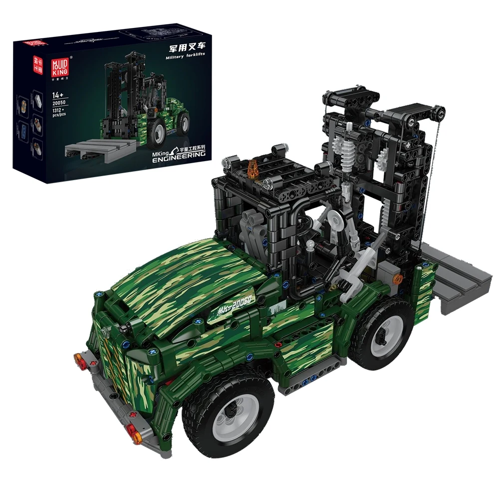 Tarnfarbener Militär-Gabelstapler Technik-Baustein-Set Mould King 20050 Baufahrzeug-Konstruktions-Bausteine Modellbausatz DIY-Montage-Spielzeug für Erwachsene Ideales Geburtstags- und