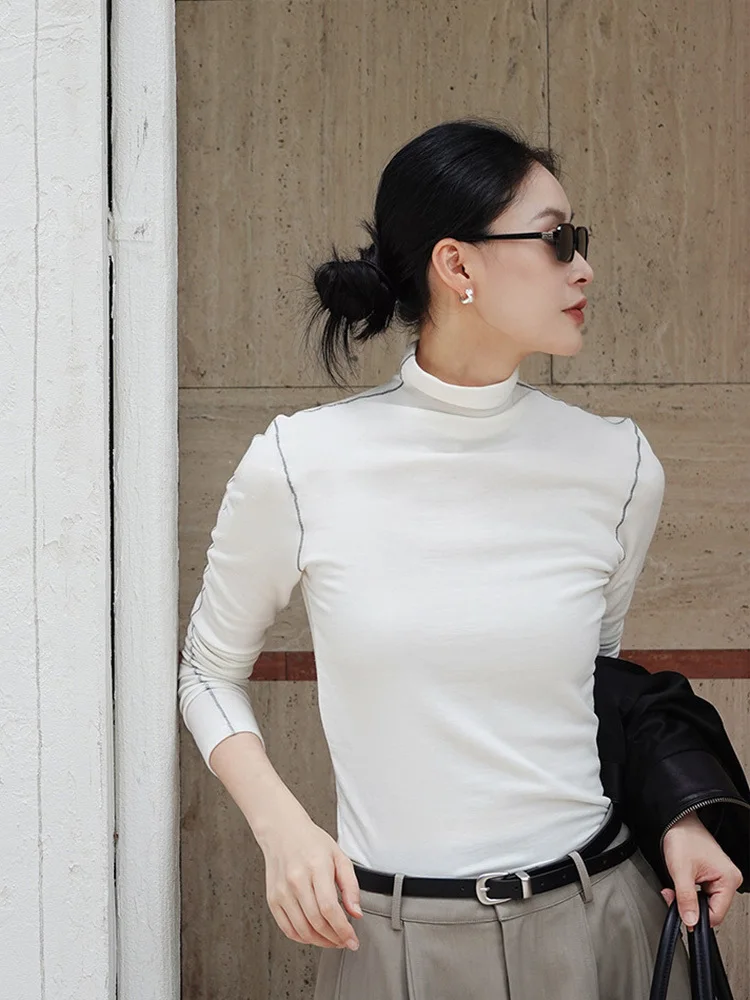 

Women Lyocell Wool Brushed Base Shirt Winter Turtleneck Color-Block Warm Long Sleeve Bottoming T-shirt Tops