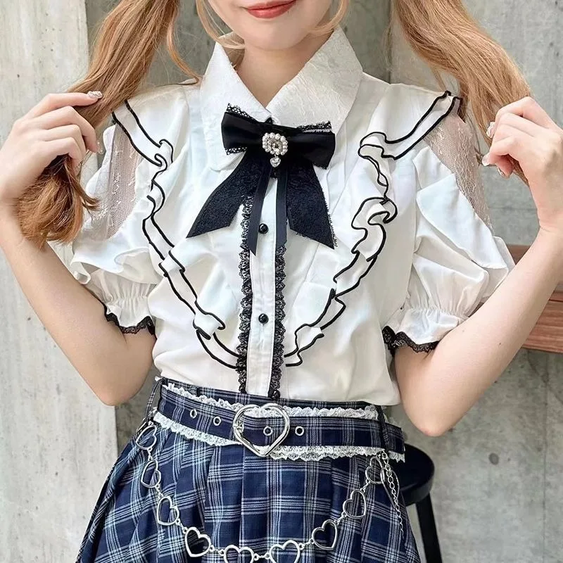 

Japanese Y2k Ruffle Shirt Kawaii Tops Blouses Fairy Harajuku Pleated Blusas Vintage Lolita Mall Goth Camisas 2024 Summer New