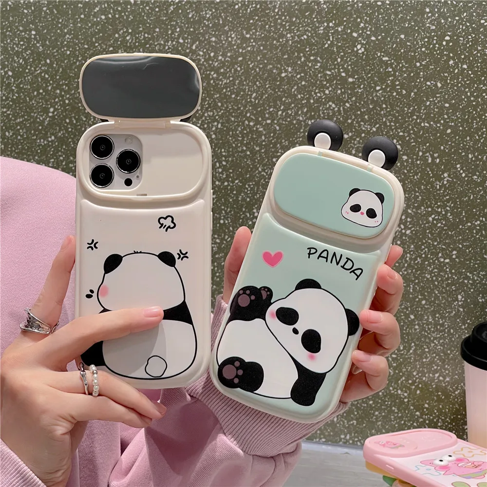 3D Korea Funny Panda Retro Antenna Camera Protective Phone Case For iPhone 15 14 14Pro 12 12Pro 13 11Pro Max Makeup Mirror Cover