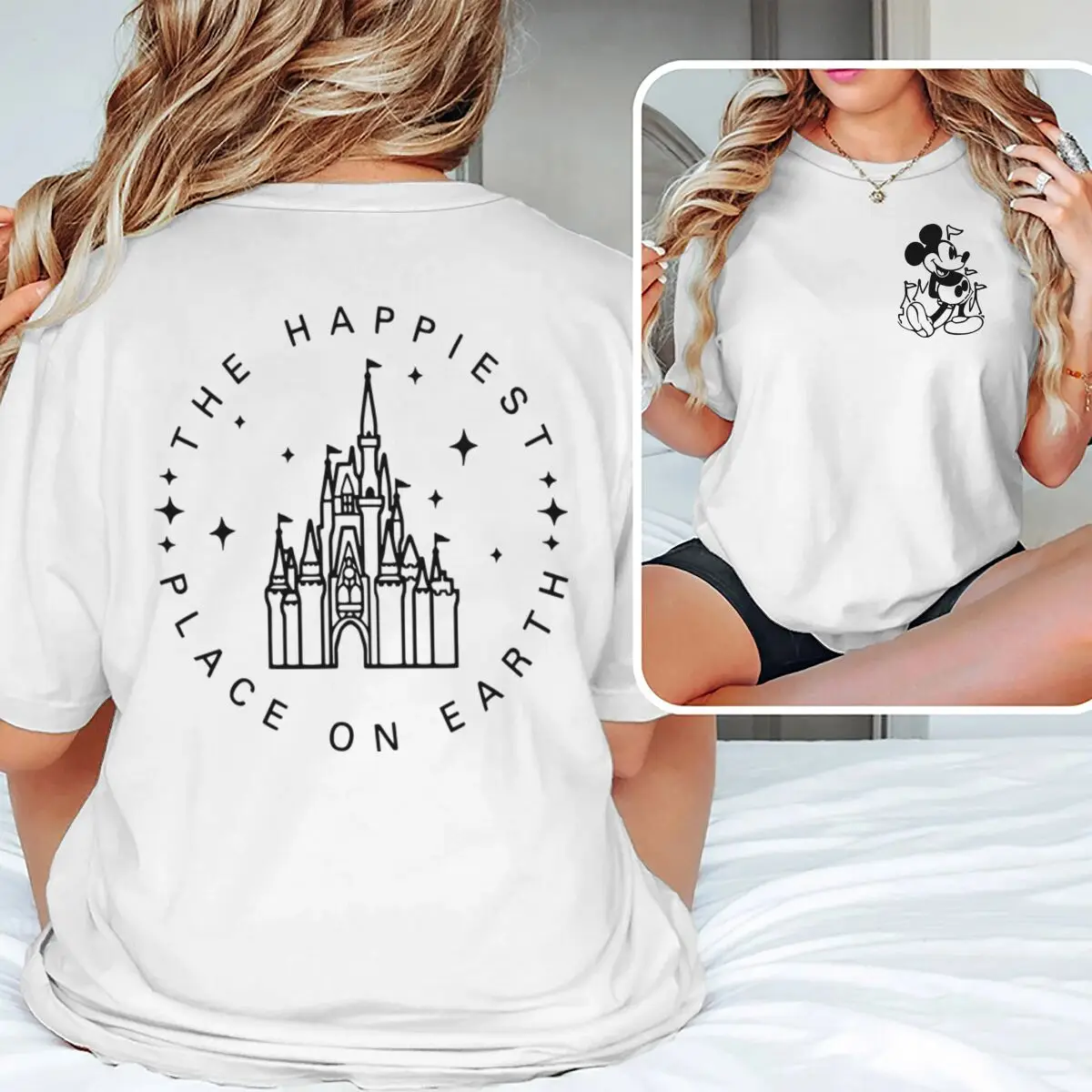 

Street Style Mickey Mouse Graphic T Shirts Women's Men's Clothing Castle & Mickey Print Fashion Casual Tops Harajuku Male Tops
