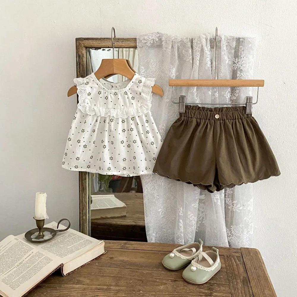

Sweet Children Girl Clothing Set 0-4Years Toddler Kids Sleeveless Lace Flower T-shirt Tops+Elastic Waist Shorts 2PCS Summer Suit