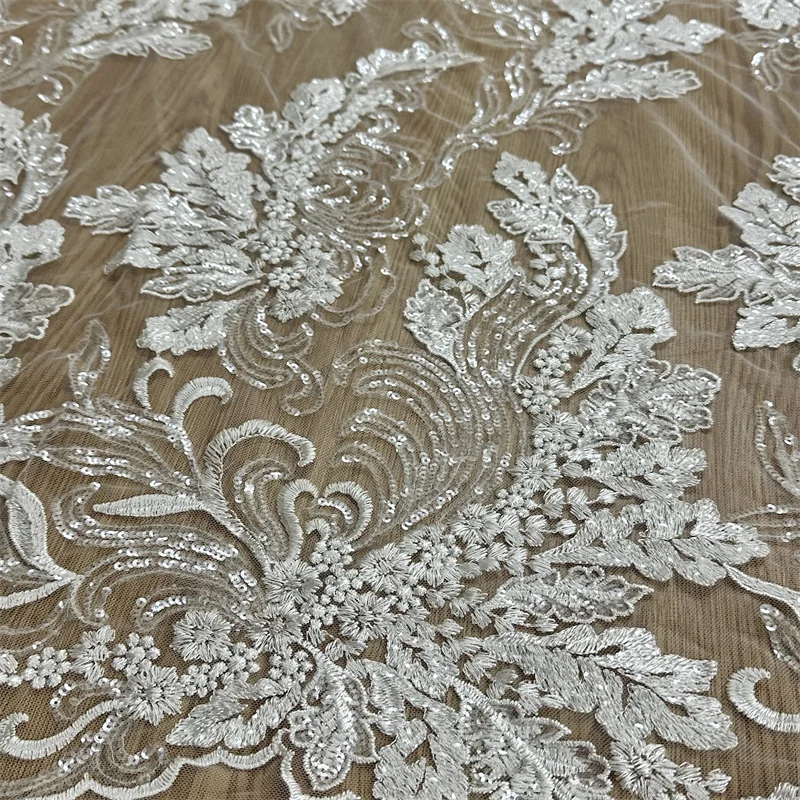 High Quality Clear Sequins Off whtie Rayon French Lace Bridal Wedding Gown Dress Lace Fabric 1 Yard