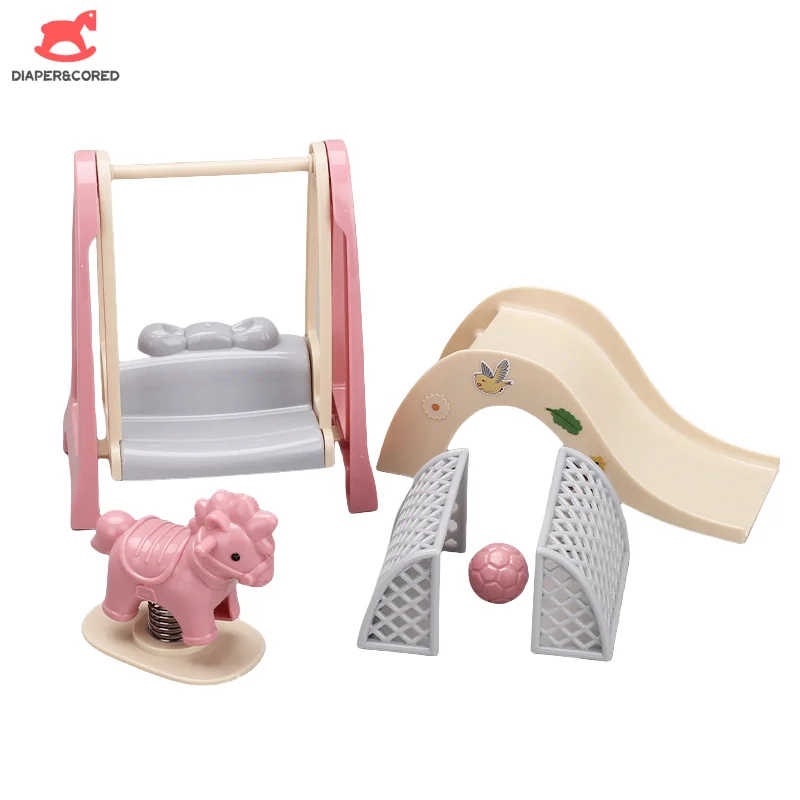 1 Set Doll House Simulation Amusement Park Slide Wooden Horse Swing Miniature Children's Playhouse Toys Accessories