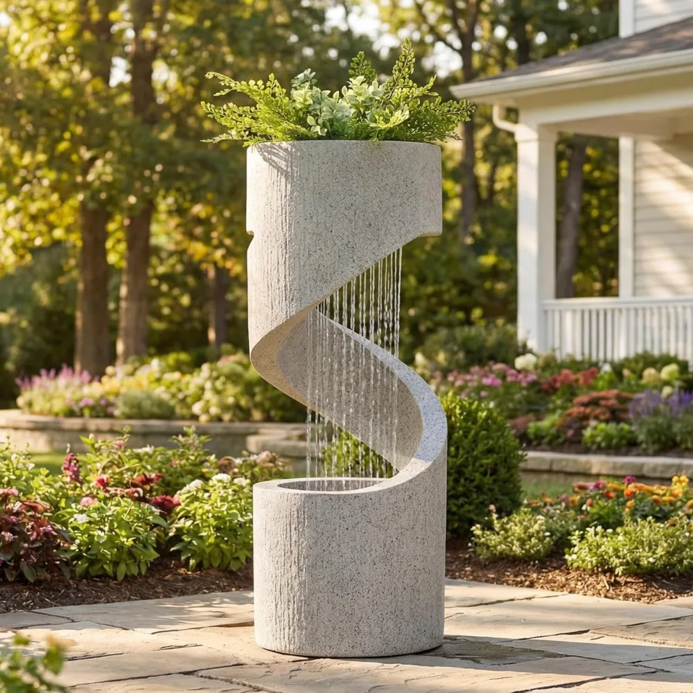 

Outdoor Water Fountain with LED Light, Decorative Tiered Curved Waterfall Fountain with Stone Planter, Faux, Customized