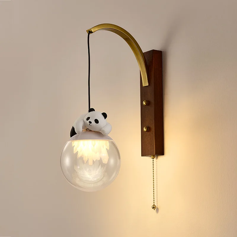 Medieval Wooden LED Pendant Light Cartoon Panda Children's Bedroom Hallway Aisle Entrance Balcony Eye Protection Glass Ball Lamp