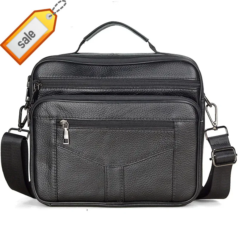 Black Men Casual Shoulder Male Genuine Leather Handbags Men's Large Zipper Messenger Travel Tablet Bag Tote