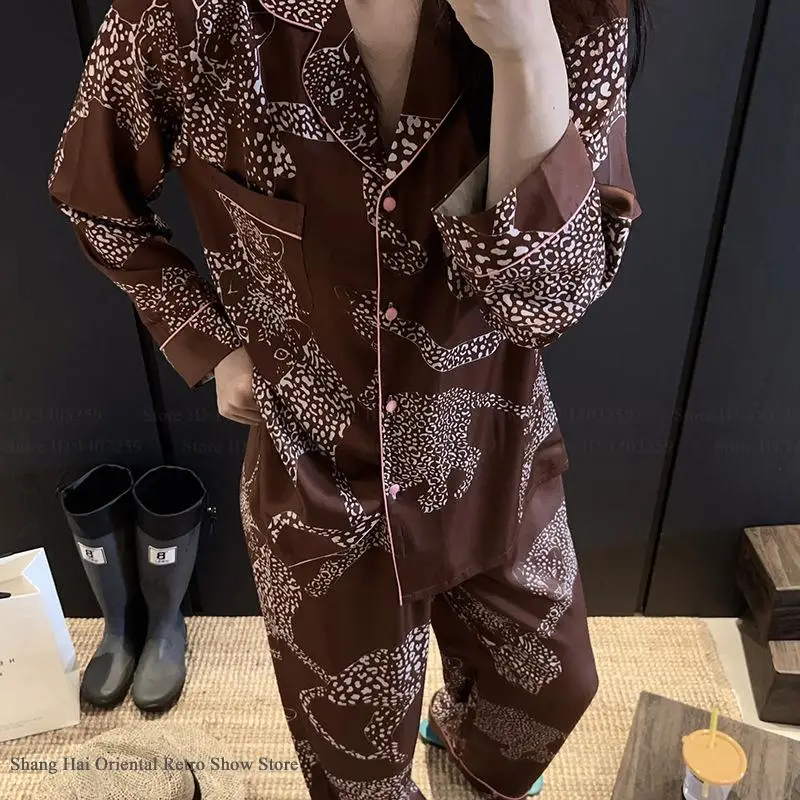 

Women's Pajamas Set Print Leopard Long Sleeve Trouser Home Clothes Spring Autumn New Sleepwear Pijamas Suit Casual Loungewear