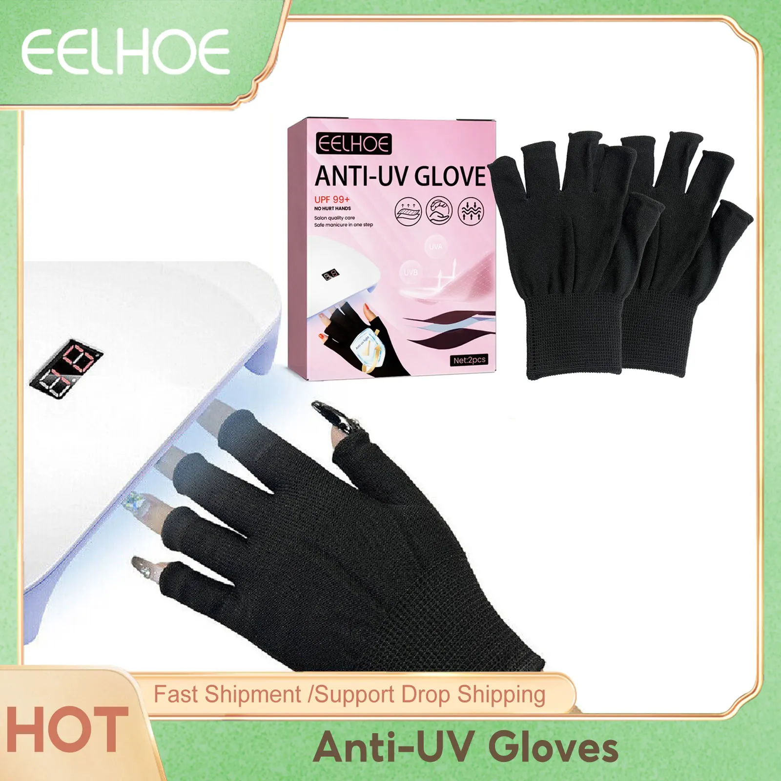 EELHOE-Luvas de manicure sem dedos, lâmpada anti LED, raios UV, escudo de mão para Nail Art LED, secador de gel, proteção contra radiação, preto