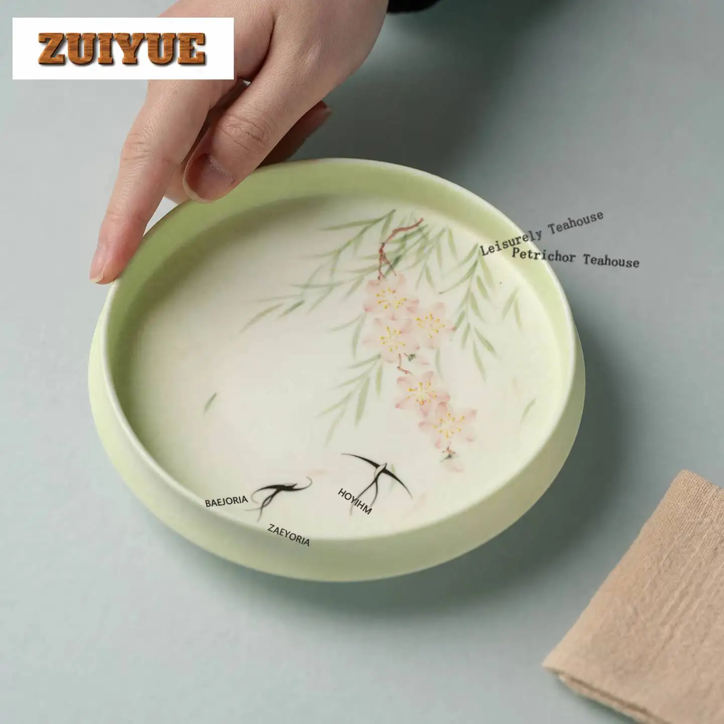 Hand-painted Peach Willows Flying Swallows Pot Bearing Holder Zisha Pot Tray Dry Bubble Table Tea Tray Coasters Cafes Decoration