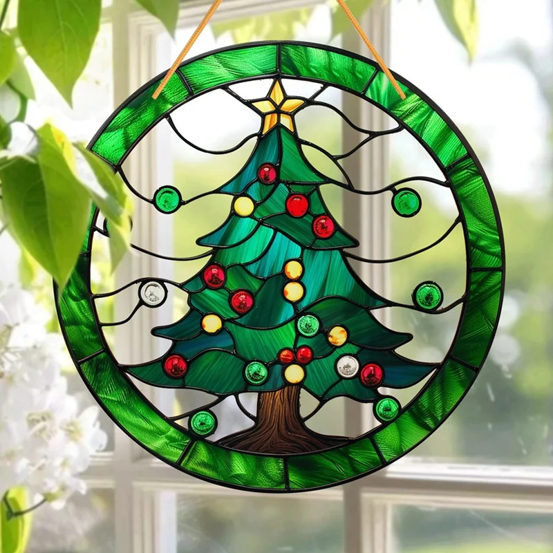 Colorful Christmas Tree Sun Catcher Acrylic Disc Painted Pendant Window Decoration Porch With Chain Home Pendant