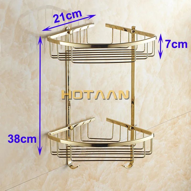 . Wall Mounted Gold Finish Brass Bathroom Shower Shampoo Shelf  Basket Holder Fashion Double Layer YT-7021