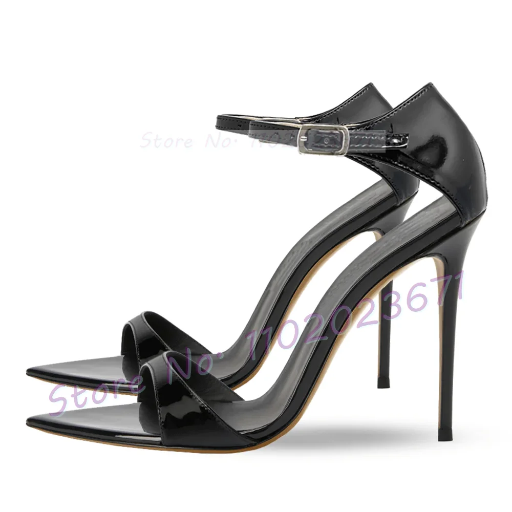 Pointy Toe Front Strap Sandals Women Sexy Black Patent Leather Stiletto Heel Shoes Office Lady Luxury Cover Heel Fashion Sandals