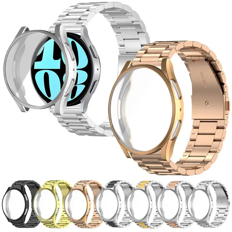 For Samsung Galaxy Watch7 44mm Tri-Beads Stainless Steel Watch Band with Full Coverage TPU Case and Strap Link Remover Set(Gold)