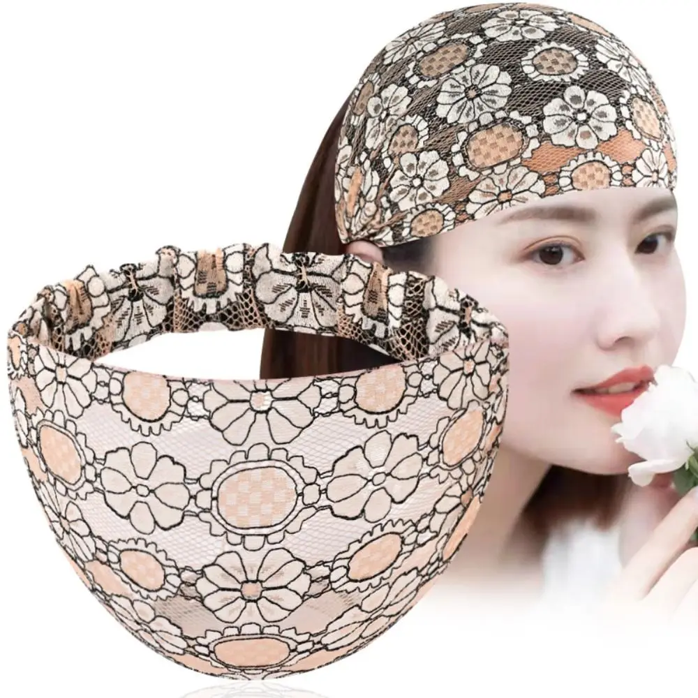 

Temperament Non Slip Mesh Flower Headband Hair Hoop Hollow Lace Hairbands Headwear Lightweight Wide Side Head Wrap Mother