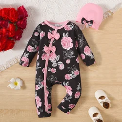 Baby Girl Floral Printed Button Up Long Sleeve Bodysuit With Bowknot, Cute Casual Jumpsuit