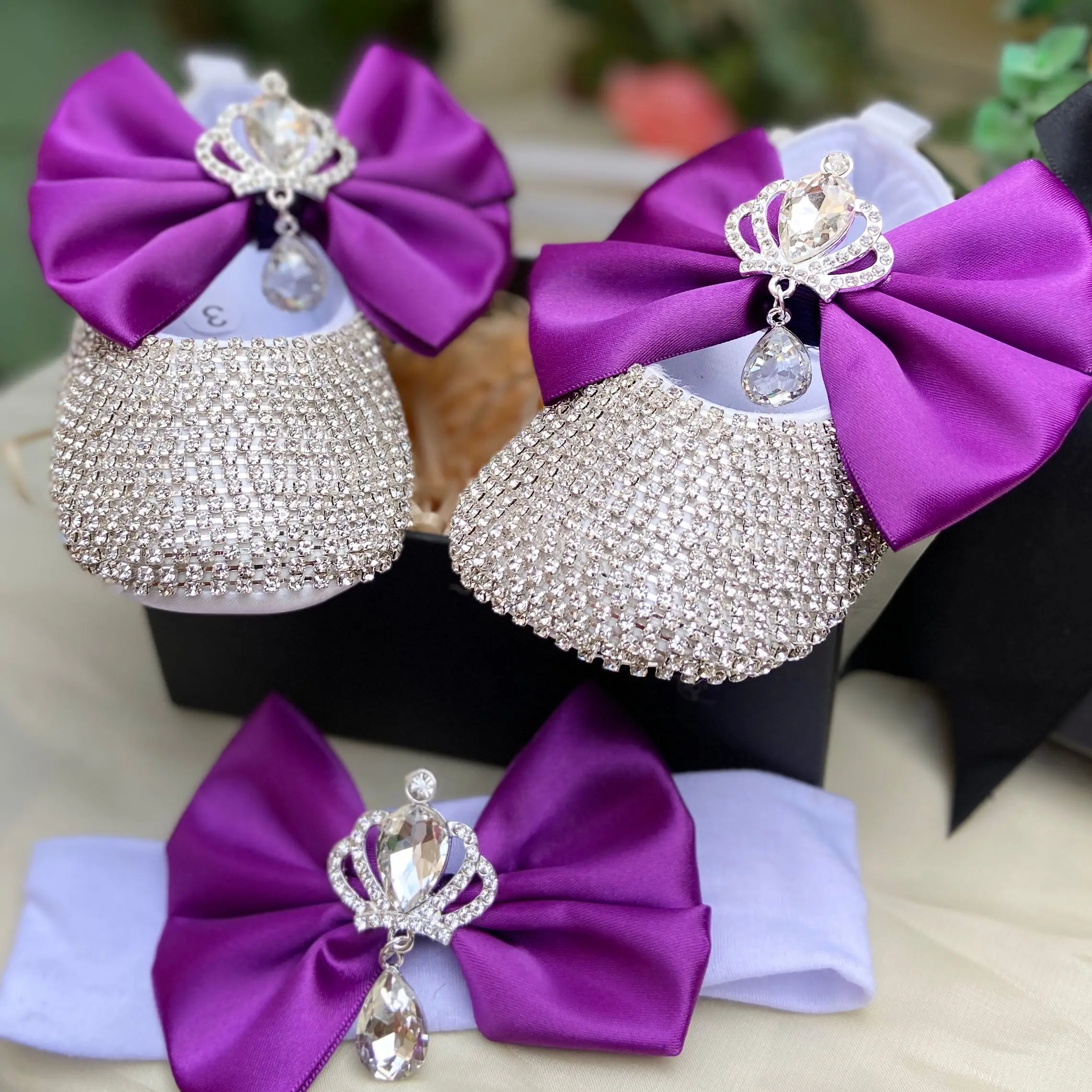 Dollbling Baby Girl Bling Custom Baptism Purple Bow Shoes with Crown Rhinestone Crystal Stone and Headband Set Christenings Gift