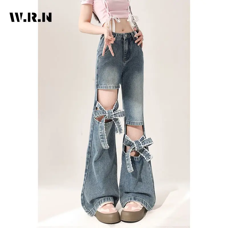 2024 Summer Sweet Harajuku Sheath High Waist Flared Jeans Female Retro Y2K Pants Women's Vintage Slim Bow Ripped Denim Trouser